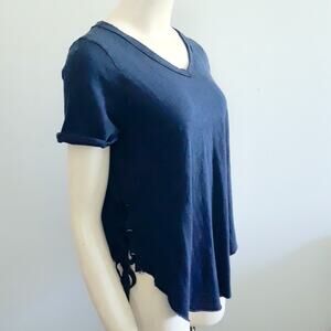T2LOVE Top V-Neck Lace Up Sides Blue 12 LG Distressed Short Sleeve T Jersey Knit